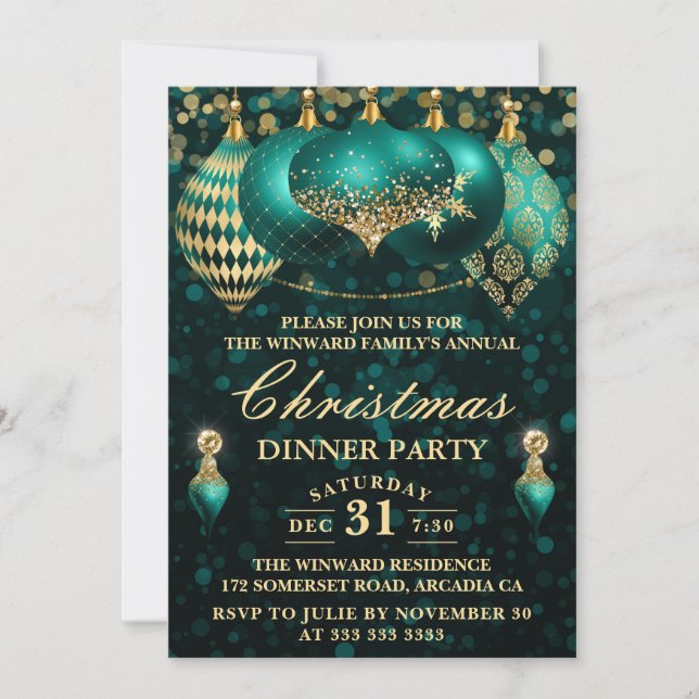 Invitation Soirée de Noël Elegant Turquoise & Gold Baubles (Devant)