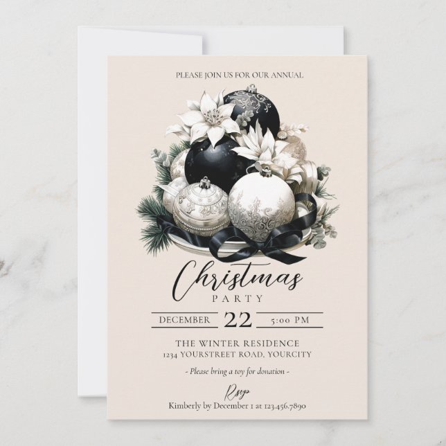 Invitation Soirée de Noël élégante en ivoire beige noir (Devant)