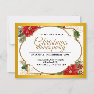 Invitation Soirée de Noël élégante Gold & Poinsettia