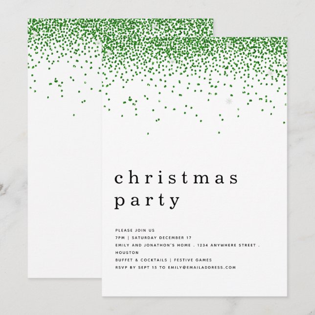 Invitation Soirée de Noël Elégante Parties scintillant verte (Devant / Derrière)