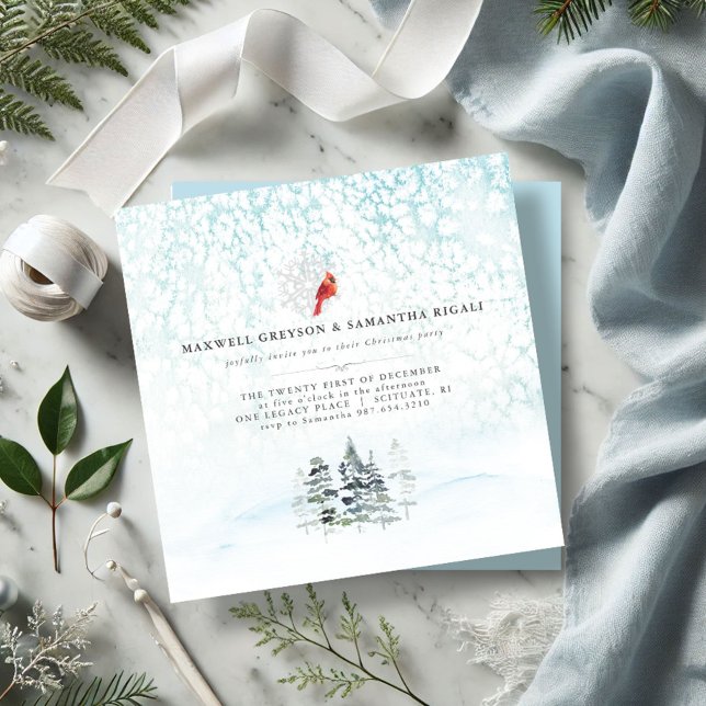 Invitation Soirée de Noël Elégante Pins d'hiver (Christmas party invitations watercolor pine trees red cardinal wintery scene minimalistic)