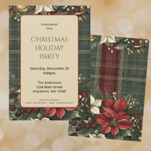 Invitation Soirée de Noël Elégante Rouge Plaid Vert
