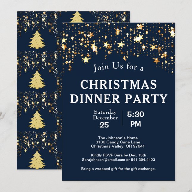 Invitation Soirée de Noël Gold Stars Arbres Deep Blue (Devant / Derrière)