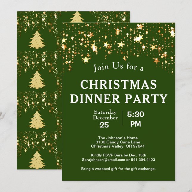 Invitation Soirée de Noël Gold Stars Arbres Green (Devant / Derrière)