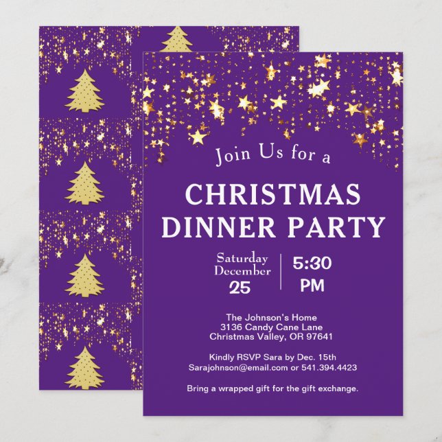 Invitation Soirée de Noël Gold Stars Arbres pourpres (Devant / Derrière)