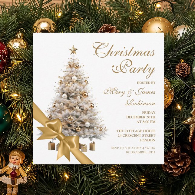 Invitation Soirée de Noël Gold Tree & Bow (Elegant Gold Christmas Tree & Bow Holiday Party Invitation)