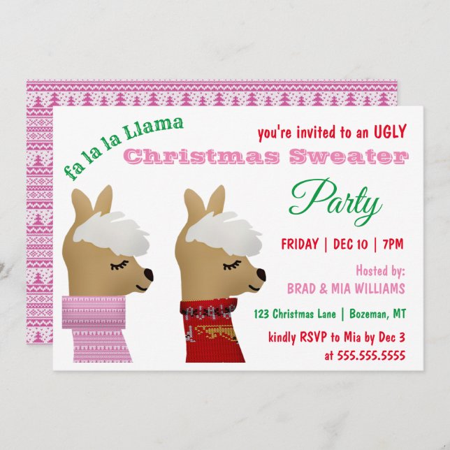 Invitation Soirée de Noël Llama rose tendance (Devant / Derrière)