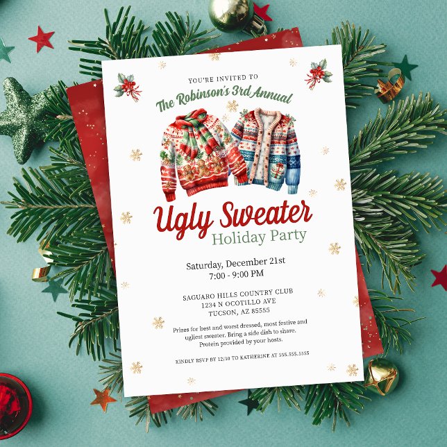 Invitation Soirée de Noël moche annuelle festive mignonne (festive ugly christmas sweater party invitations for holiday party at corporate office family party)