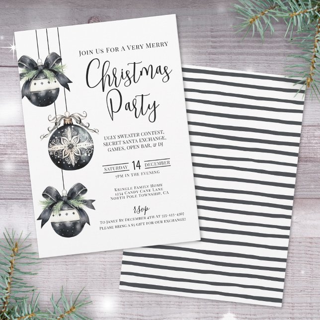 Invitation Soirée de Noël noir blanc élégant (Elegant Simple Black White Christmas Party Invitat Invitation)