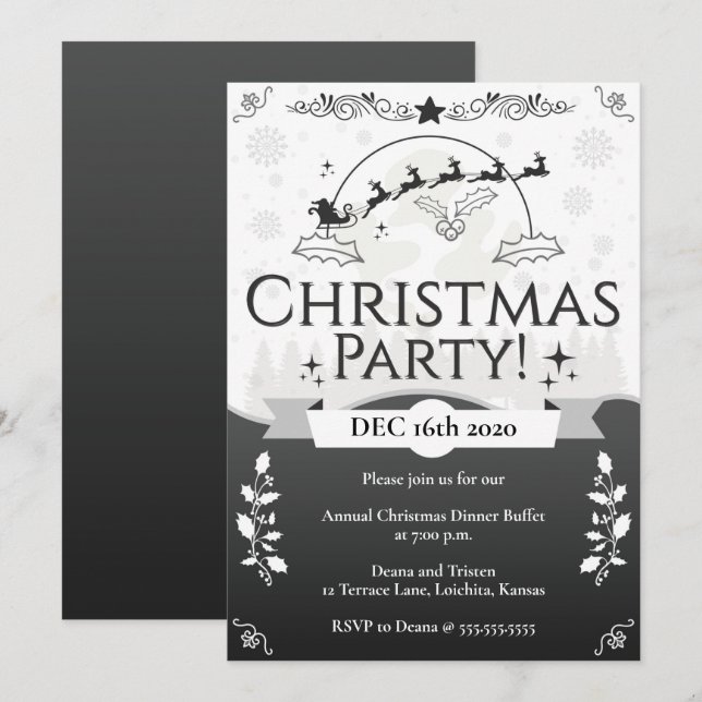 Invitation Soirée de Noël noir et blanc (Devant / Derrière)