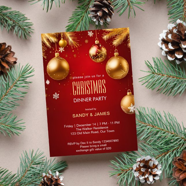 Invitation Soirée de Noël or et baubles rouges (Christmas dinner party template invitation digital download red and gold chic elegant Christmas card)