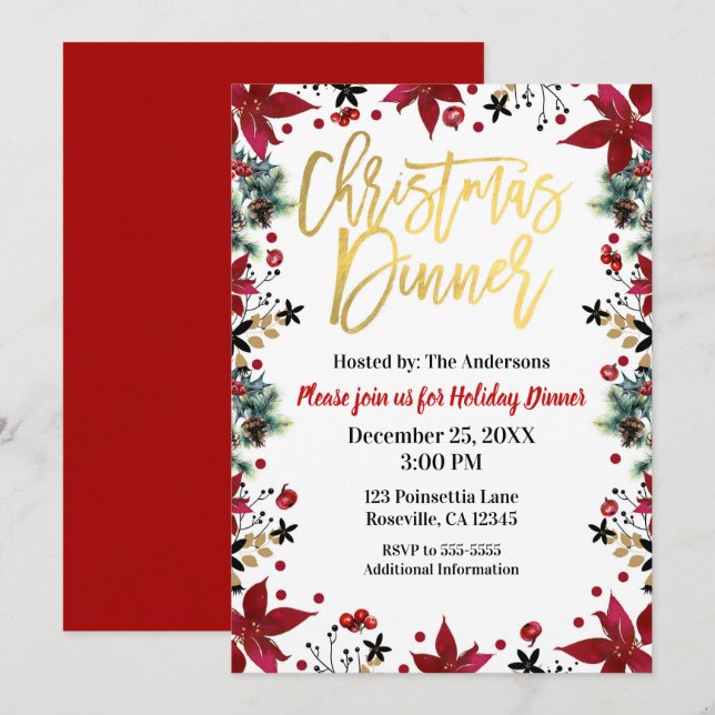 Invitation Soirée de Noël Or Poinsettia Fête Florale (Devant / Derrière)