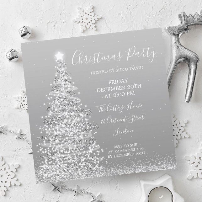 Invitation Soirée de Noël Parties scintillant Arbre Argent él (Elegant Silver Glitter Tree Christmas Party Invitation)