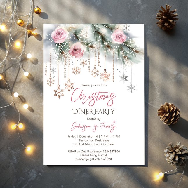 Invitation Soirée de Noël pastel rose rose or (Christmas dinner party pastel pink rose gold invitation template snowflakes pines Christmas party)