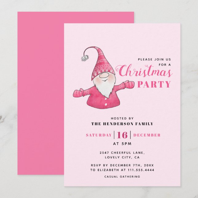 Invitation Soirée de Noël rose Gnome (Devant / Derrière)