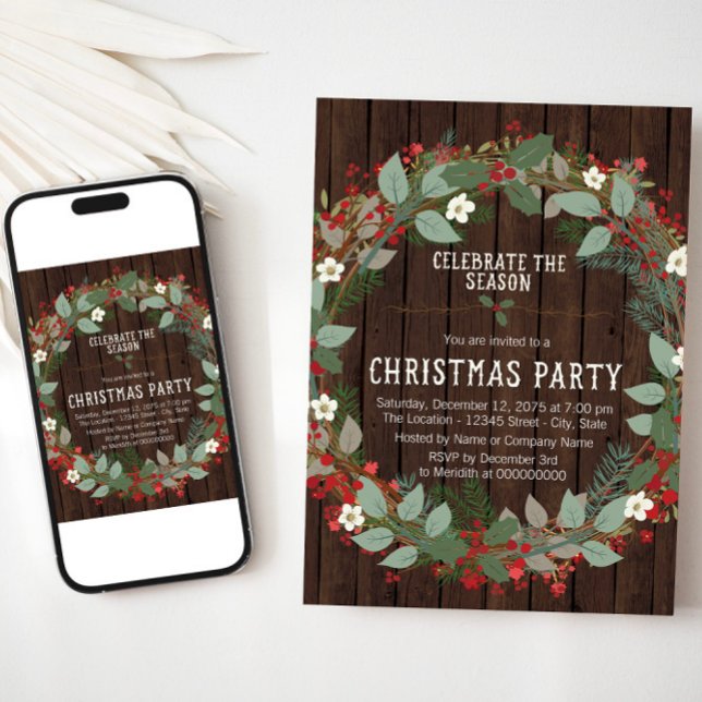 Invitation Soirée de Noël Rustique Holly (Rustic Christmas party invitation with wreath on wood. Available for instant download and print.)