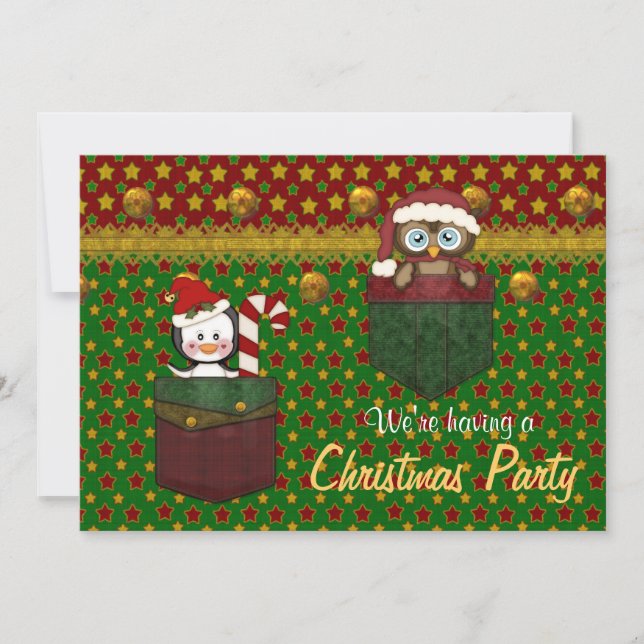 Invitation Soirée de Noël rustique Penguin et Owl - Groupon (Devant)