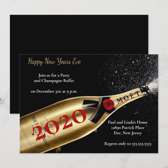 Invitation Soirée de Nouvel An autour de l'élégante Champagne (Devant / Derrière)
