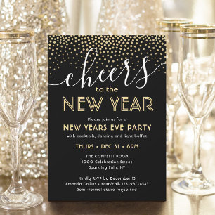 Invitation Soirée de Nouvel Ans à la fête Noir et Or Confetti