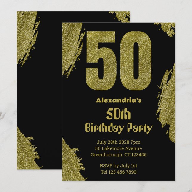 Invitation Soirée de parties scintillant en or noir 50e anniv (Devant / Derrière)