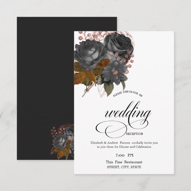 Invitation Soirée de répétition Elégant Fleurs Noires (Devant / Derrière)