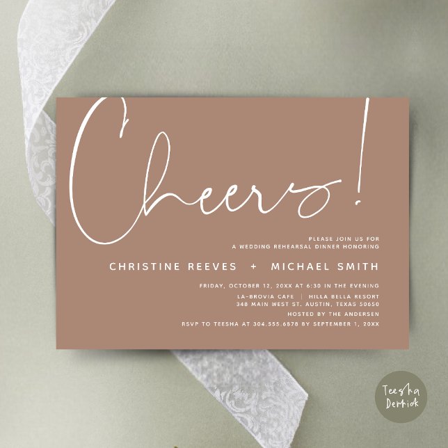Invitation Soirée de répétition Mariage (Cheers, Wedding Rehearsal Dinner Invitation Card, PDF, Modern Minimalist, in Taupe neutral earthy)