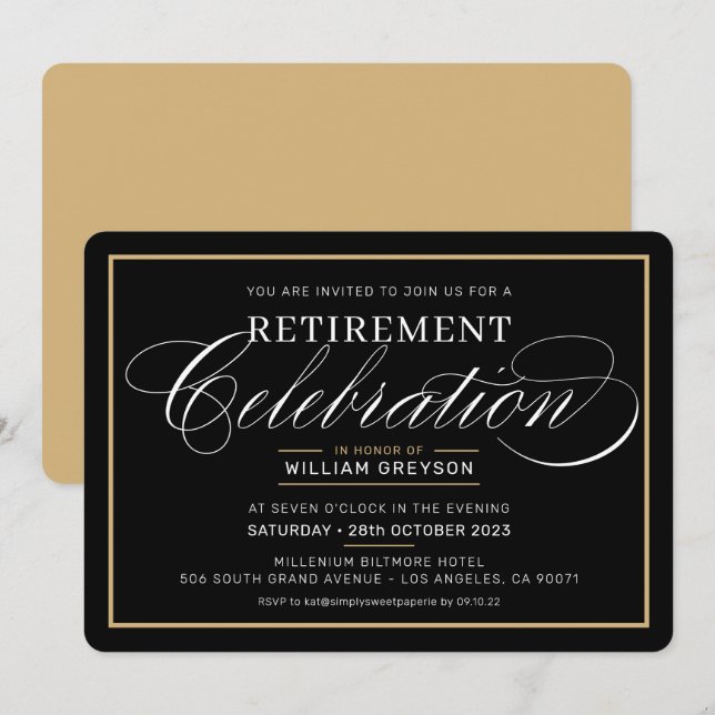 Invitation SOIRÉE DE RETRAITE DÎNER moderne or noir (Devant / Derrière)