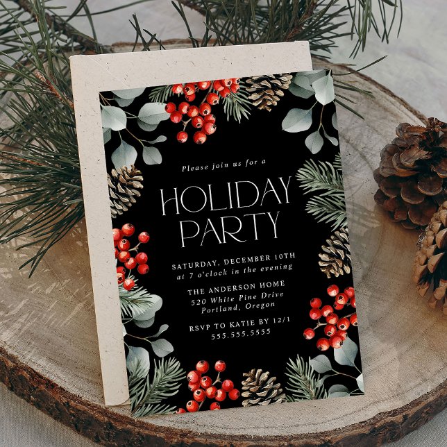 Invitation Soirée de vacances Elegant Holly Berries et Pine C (Créateur téléchargé)