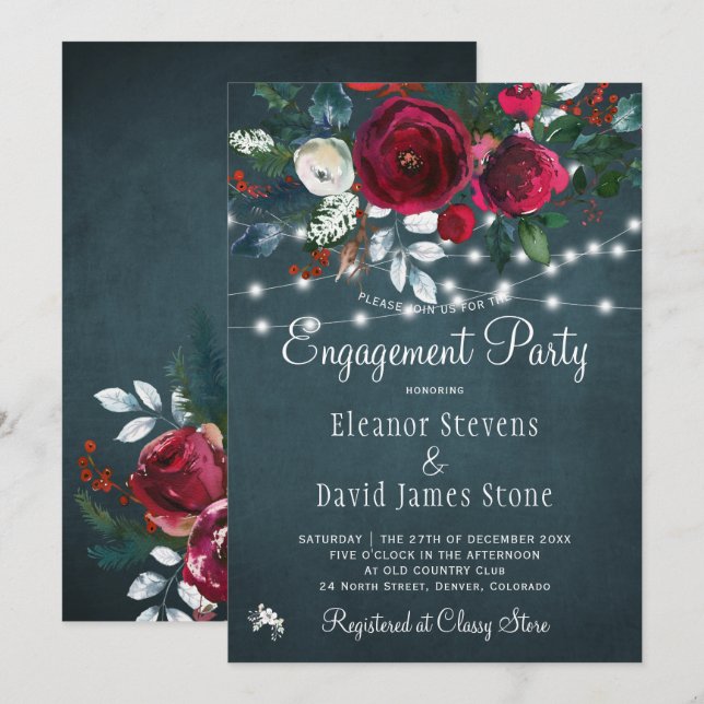 Invitation Soirée d'fiançailles florales élégantes en hiver (Devant / Derrière)