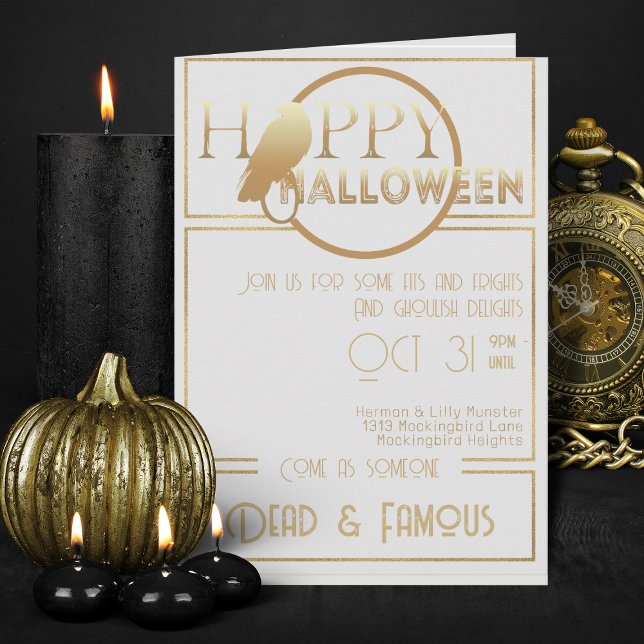 Invitation Soirée d'Halloween Adulte Elégante Or Blanc Modern (Elegant white and gold Halloween invitations)