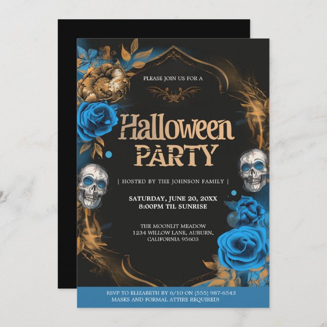 Invitation Soirée d'Halloween Bleu & Or (Devant / Derrière)