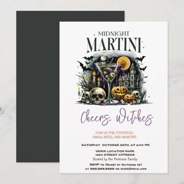 Invitation Soirée d'Halloween citrouille Skelet Martini (Devant / Derrière)