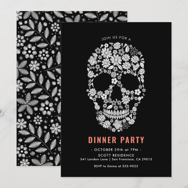 Invitation Soirée d'Halloween Crâne de sucre Noir Floral (Devant / Derrière)