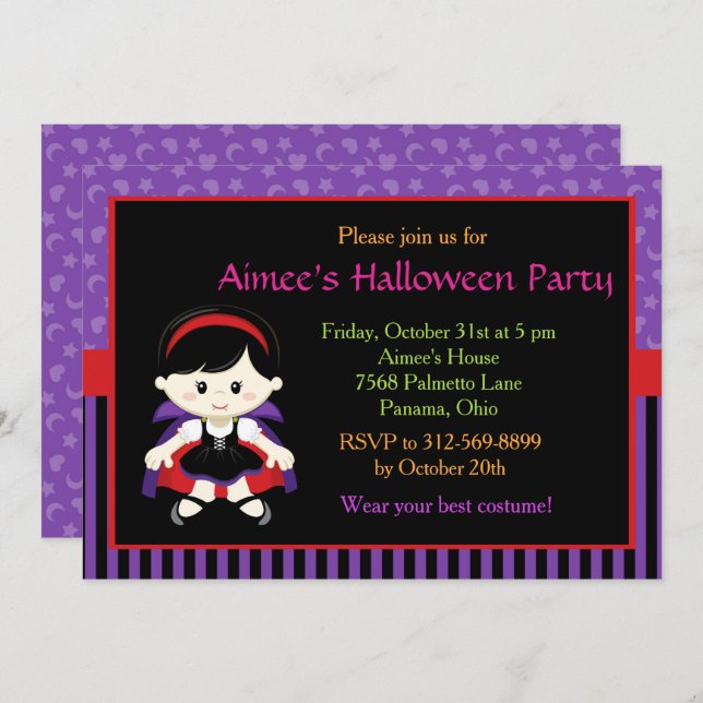 Invitation Soirée d'Halloween de fille Vampire (Devant / Derrière)