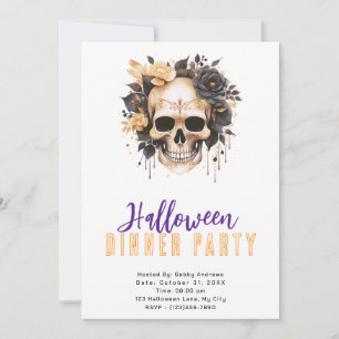 Invitation Soirée d'Halloween en or crâne et en Rose noir