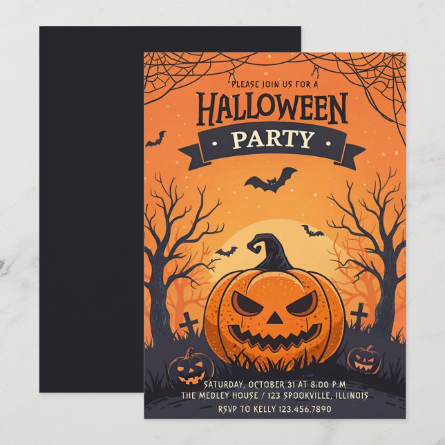 Invitation Soirée d'Halloween pour enfants avec Jack-O-Lanter (Devant / Derrière)