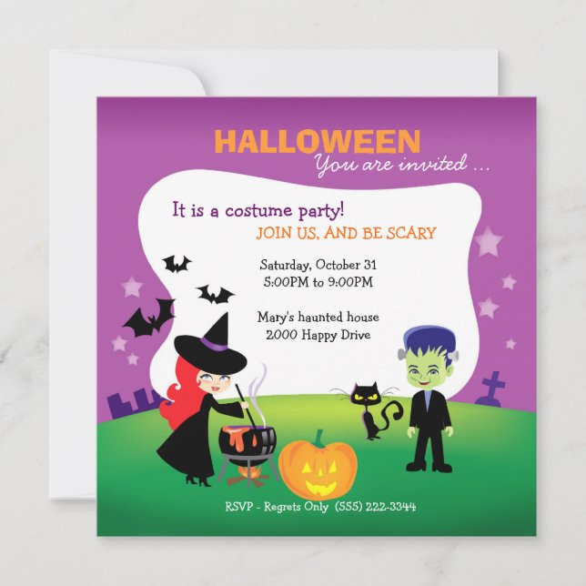 Invitation Soirée d'Halloween pour les enfants avec sorcière (Devant)