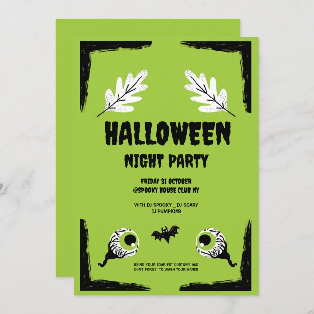 Invitation Soirée d'Halloween verte et noire, fête d'Hallowee (Devant / Derrière)