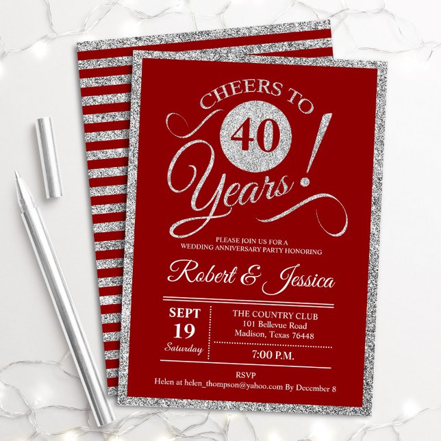 Invitation Soirée du 40e Anniversaire - Argent Rouge Rubis (Créateur téléchargé)