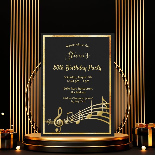 Invitation Soirée du 80e anniversaire notes de musique noir e (Créateur téléchargé)