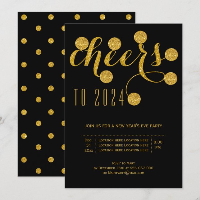 Invitation Soirée du Nouvel An 2024 en or noir (Devant / Derrière)