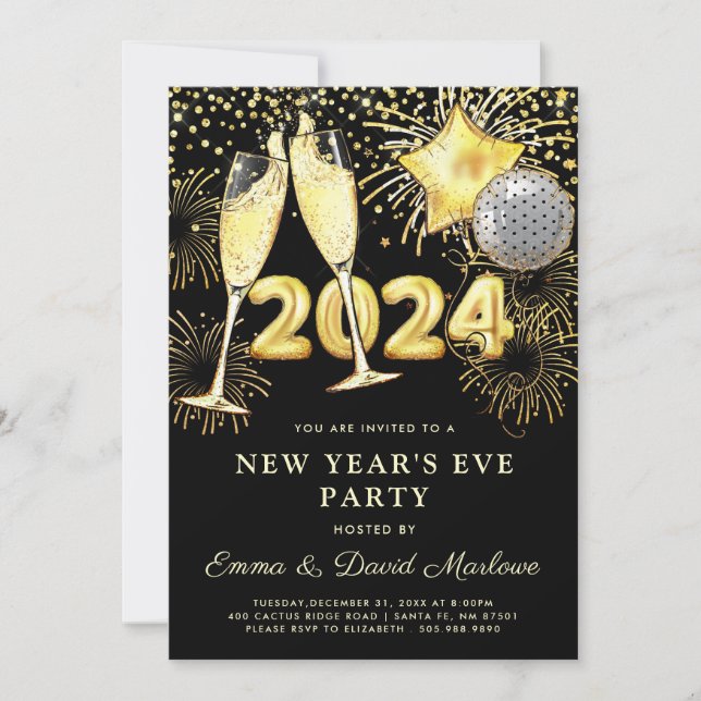 Invitation Soirée du Nouvel An 2024 Gold Parties scintillant  (Devant)