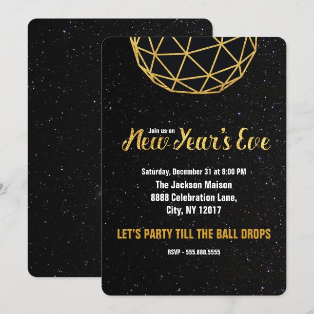 Invitation Soirée du Nouvel An, Ball Drop, Faux Gold, (Devant / Derrière)