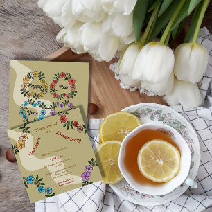 Invitation Soirée du Nouvel An beige avec couronne de fleurs