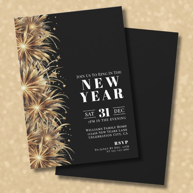 Invitation Soirée du Nouvel An Black Gold Moderne (Modern Black Gold New Year's Eve Party Invitation)