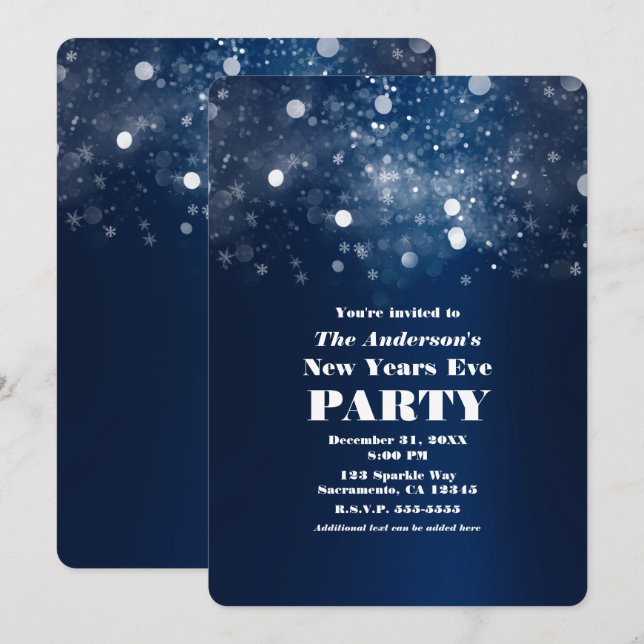 Invitation Soirée du Nouvel An Bleu Foncé Pailleté Argent (Devant / Derrière)
