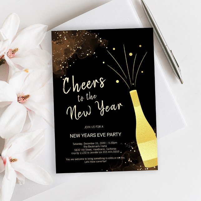 Invitation Soirée du Nouvel An Champagne d'or (Elegant Gold Champagne New Year Party Invitation)