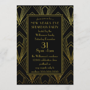 Invitation Soirée du Nouvel An dans un speakeasy Art Déco noi