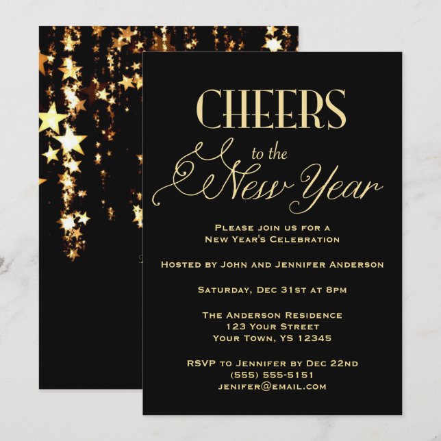 Invitation Soirée du Nouvel An du glamour d'or noir (Devant / Derrière)