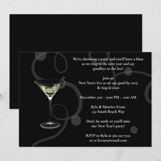 Invitation Soirée du Nouvel An Noir Élégant (Devant / Derrière)